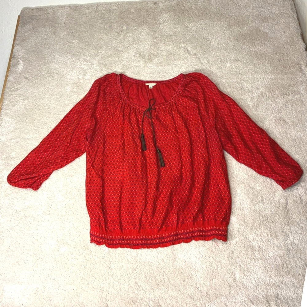Sonoma Red Peasant Blouse - XL - Tassel Tie Geometric Print Boho Peasant Western